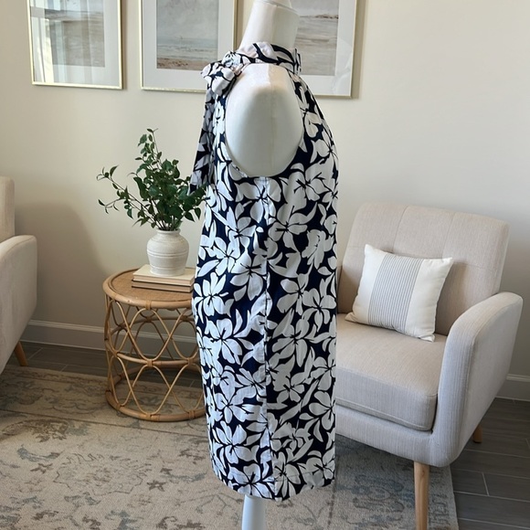 J Crew Bow Neck Halter Cotton Mini Floral Tropical Shift Dress Navy White Size 0 - Picture 17 of 17